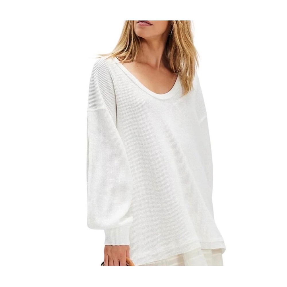 Free People Top Waffle Knit Coast 2 Coast Thermal Slouchy White Large